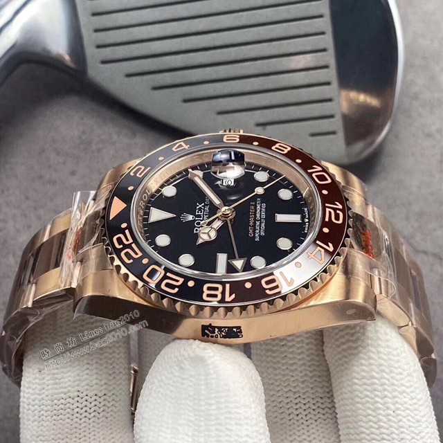 勞力士複刻手錶 Rolex男士腕表 全玫黑紅陶瓷圈 GMTMASTER格林尼治型環球腕表 126710BLRO-0001  gjs2188